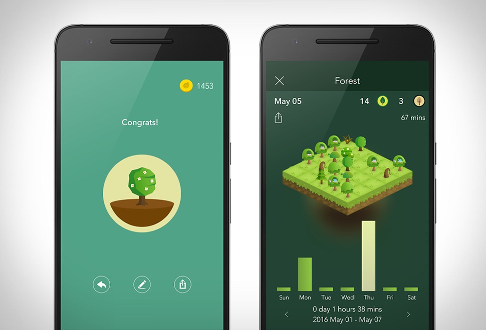 Interface de l'application Forest montrant un arbre virtuel en croissance, symbolisant la concentration et l'engagement écologique."